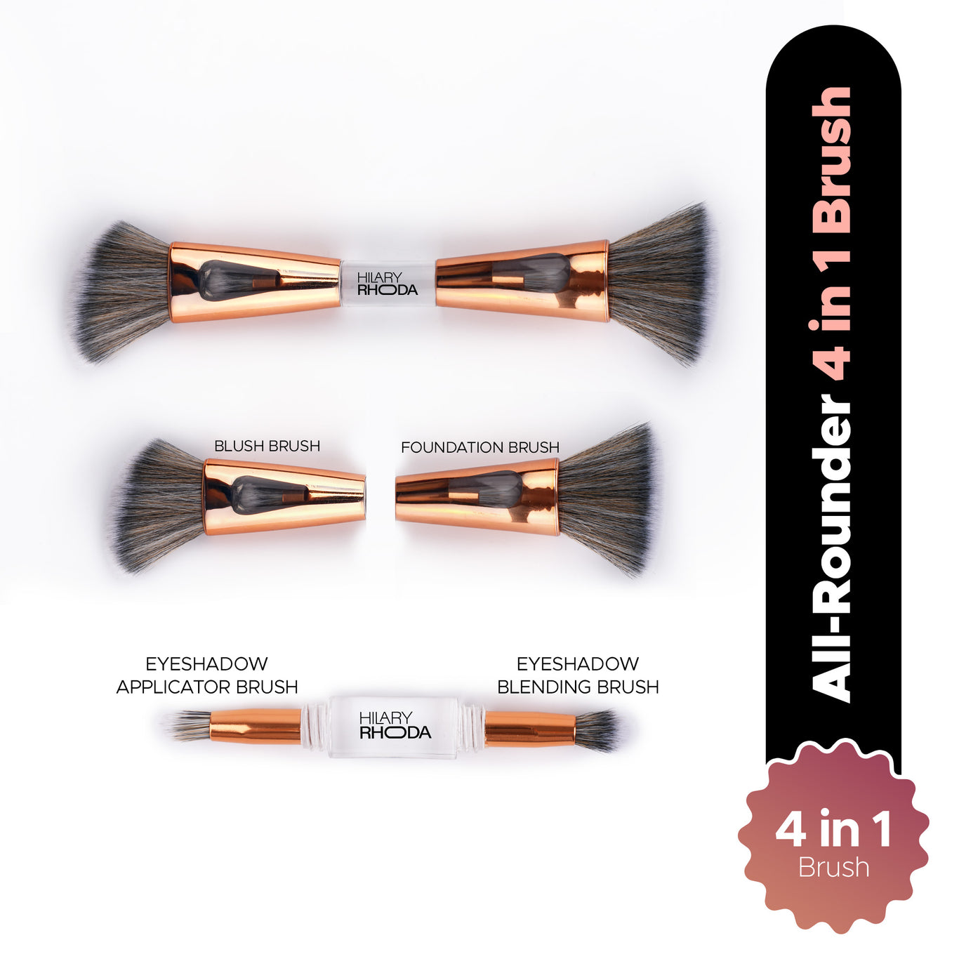 All-Rounder 4 in 1 Brush Travel-Friendly | Foundation Brush | Powder & Blending Brush | Eyeshadow Applicator | Contour Brush | Non-Absorbing Material