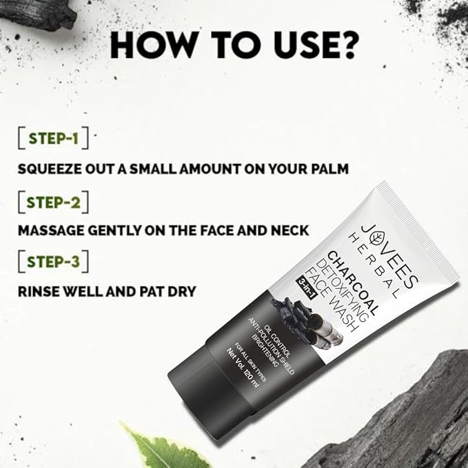 Jovees Herbal Activated Charcoal Detoxifying Face Wash For Anti Pollution, Deep Pore Cleansing, Oil Control, Removes Dirt & Impurities | Suitable for Acne Prone