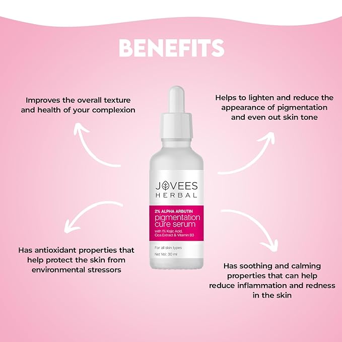 Jovees Herbal 2% Alpha Arbutin Pigmentation Cure Serum With 1% Kojic Acid, Cica Extract & Vitamin B3 | Reduces Blemishes & Improves Skin Texture | Brightens Ski
