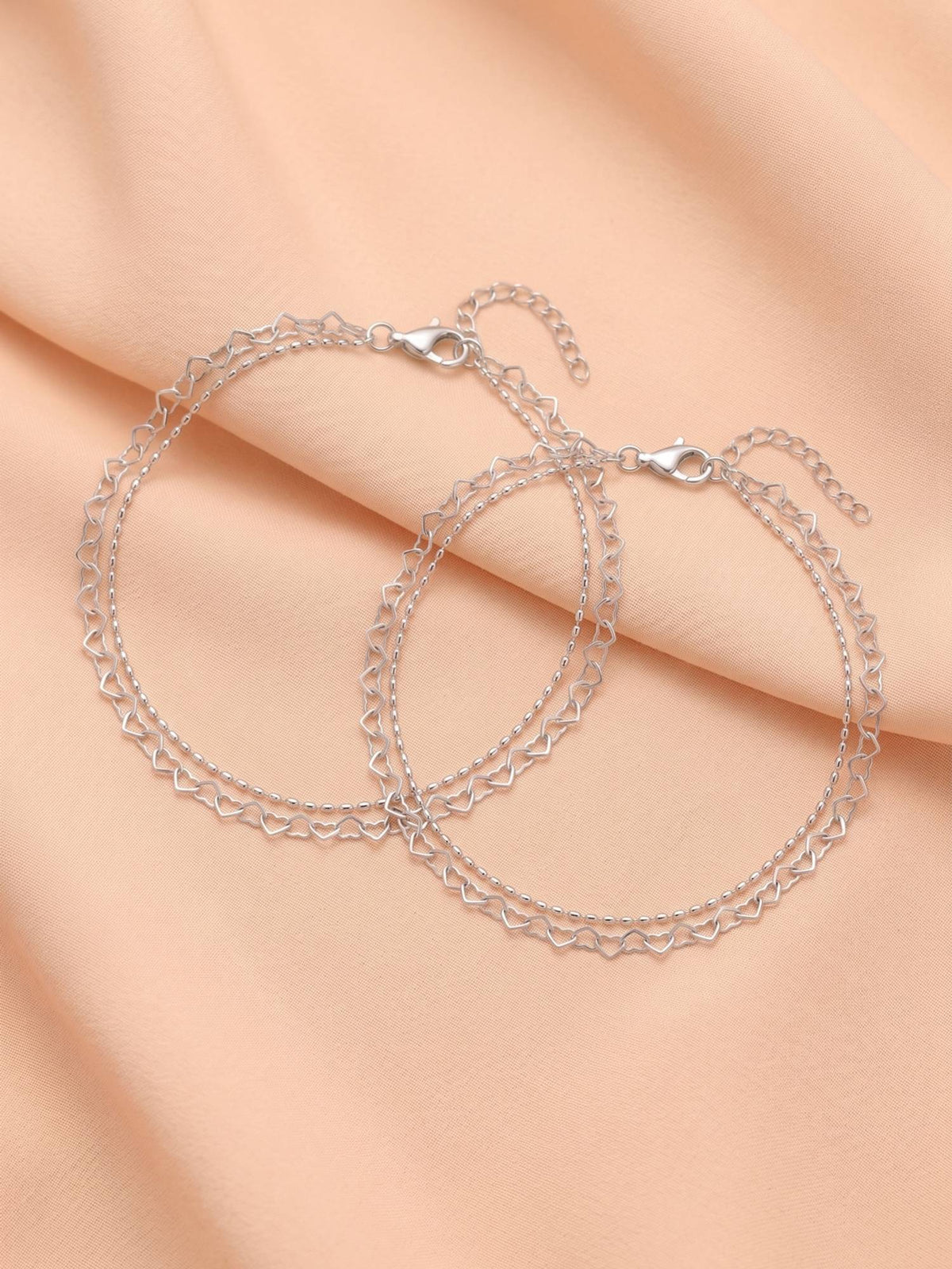 925 SILLER Pure Silver Double Layer Heart Chain Anklet Pair for Women and Girls