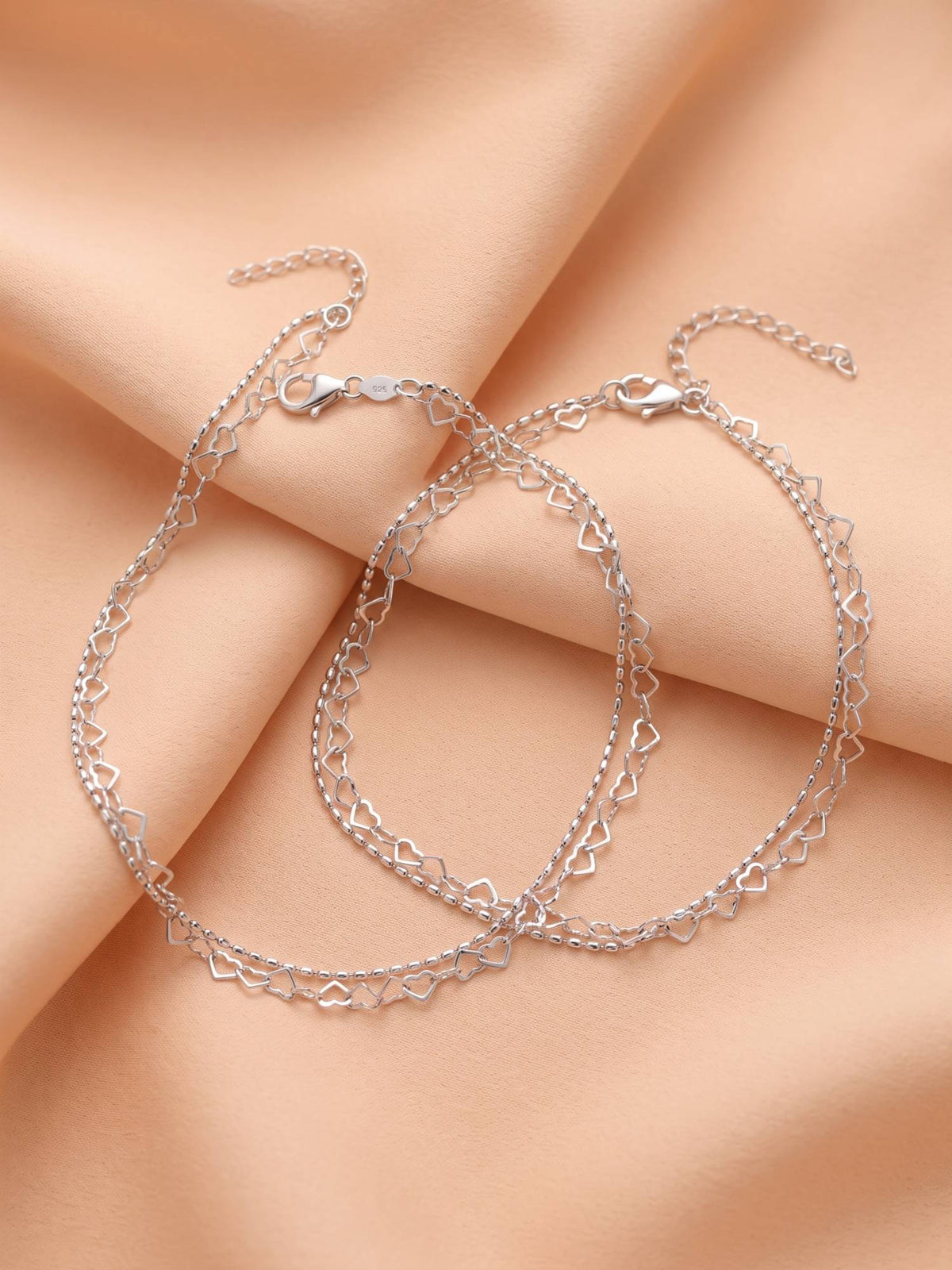 925 SILLER Pure Silver Double Layer Heart Chain Anklet Pair for Women and Girls