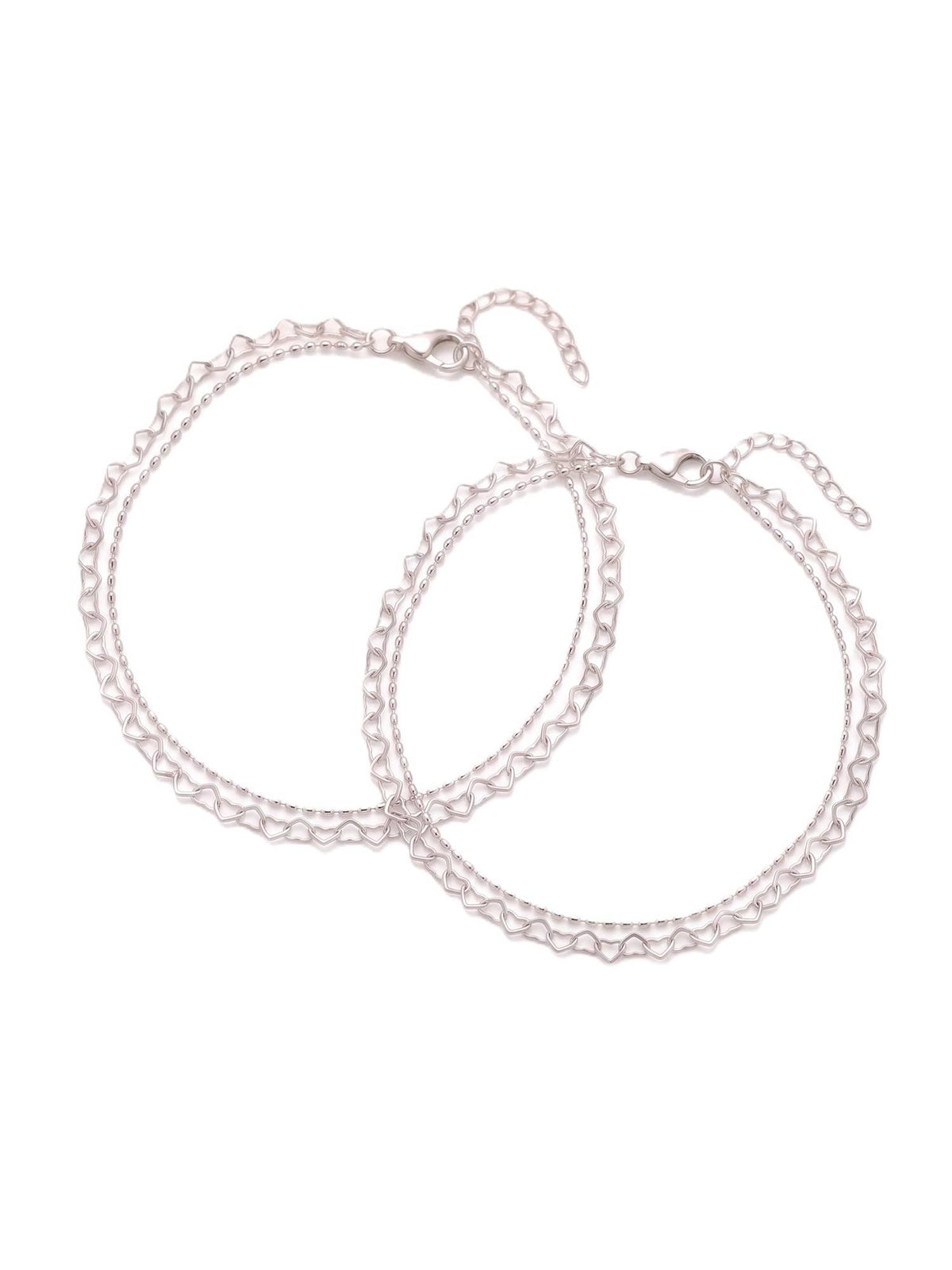 925 SILLER Pure Silver Double Layer Heart Chain Anklet Pair for Women and Girls