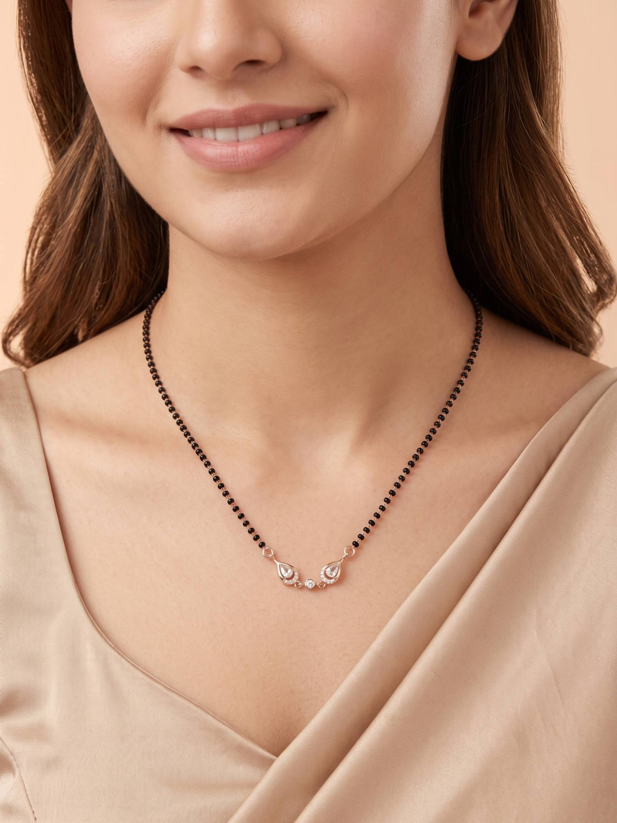 925 SILLER Pure Silver Rose Gold Plated CZ Teardrop Mangalsutra for Women