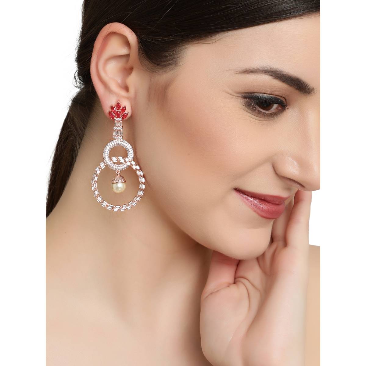 Aatmana Red and Rose Gold Plated American Diamond Circulate Shaped Drop Earrings · One Size