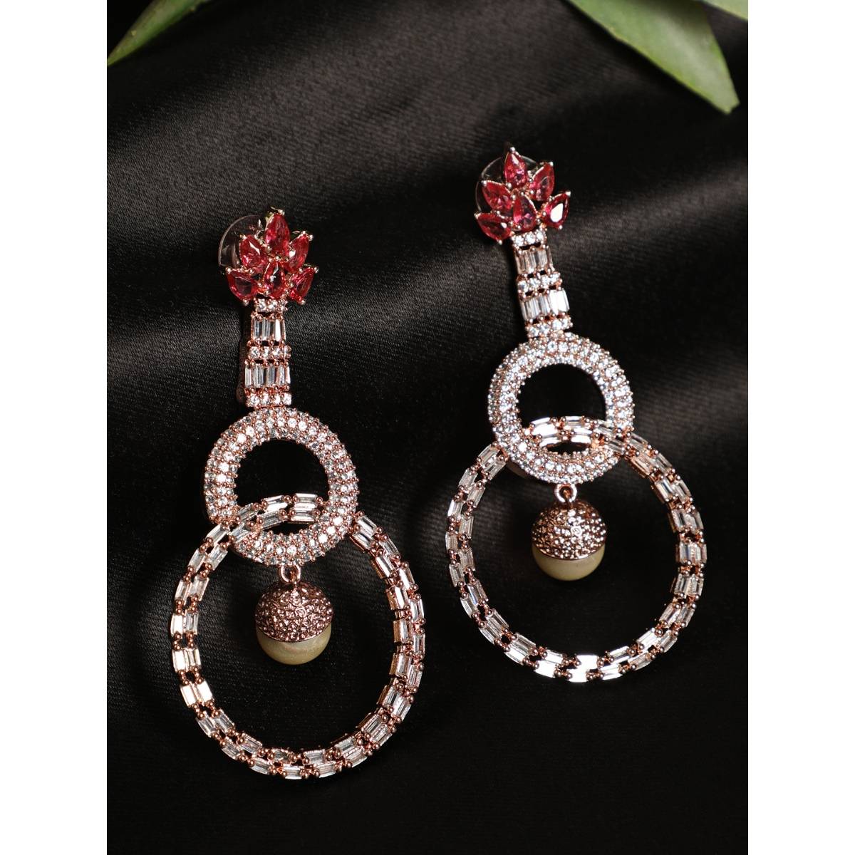 Aatmana Red and Rose Gold Plated American Diamond Circulate Shaped Drop Earrings · One Size