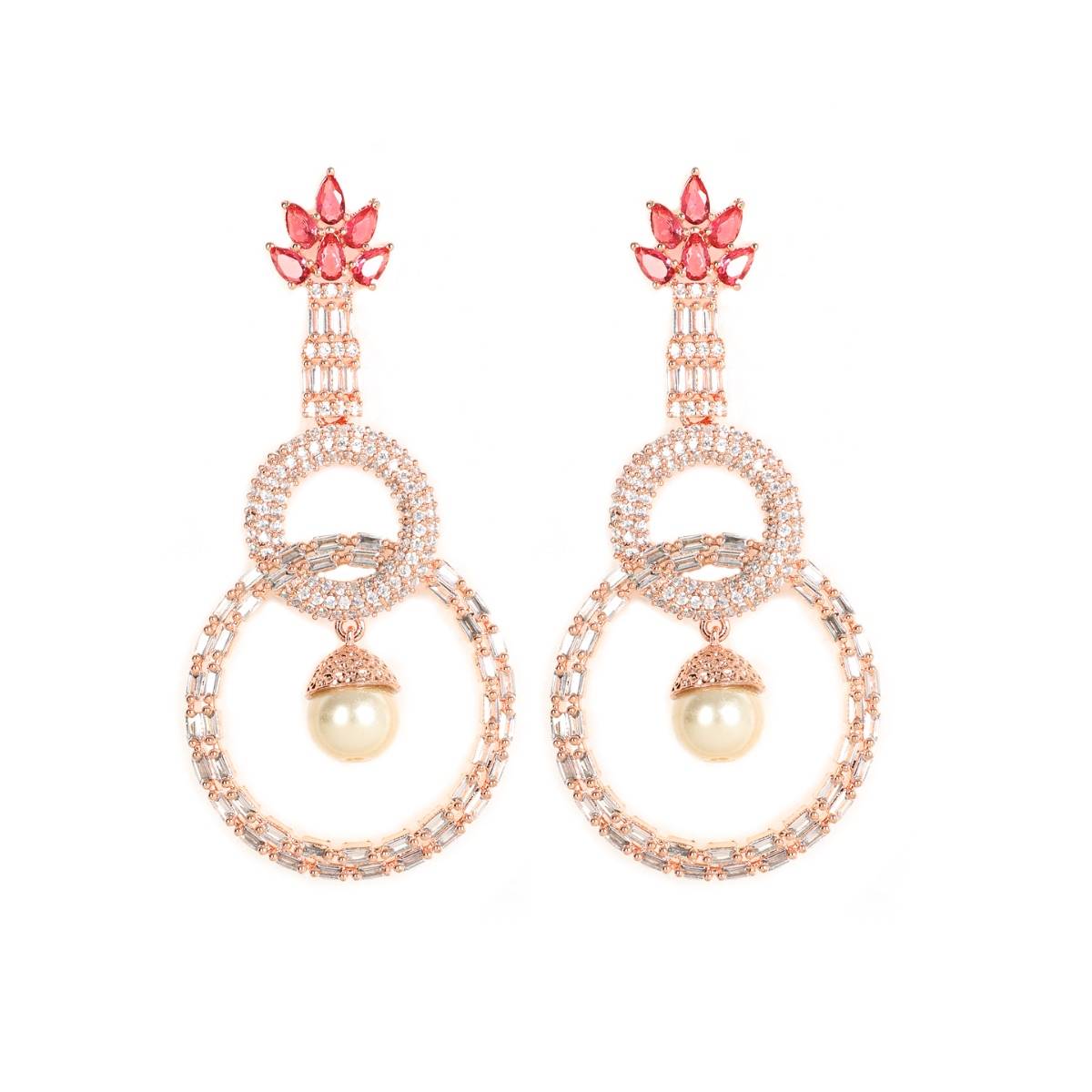 Aatmana Red and Rose Gold Plated American Diamond Circulate Shaped Drop Earrings