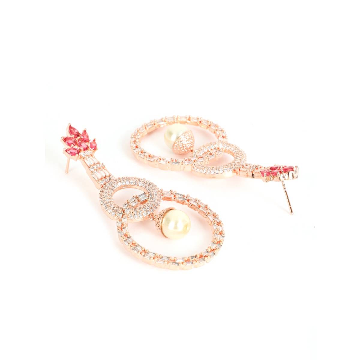 Aatmana Red and Rose Gold Plated American Diamond Circulate Shaped Drop Earrings