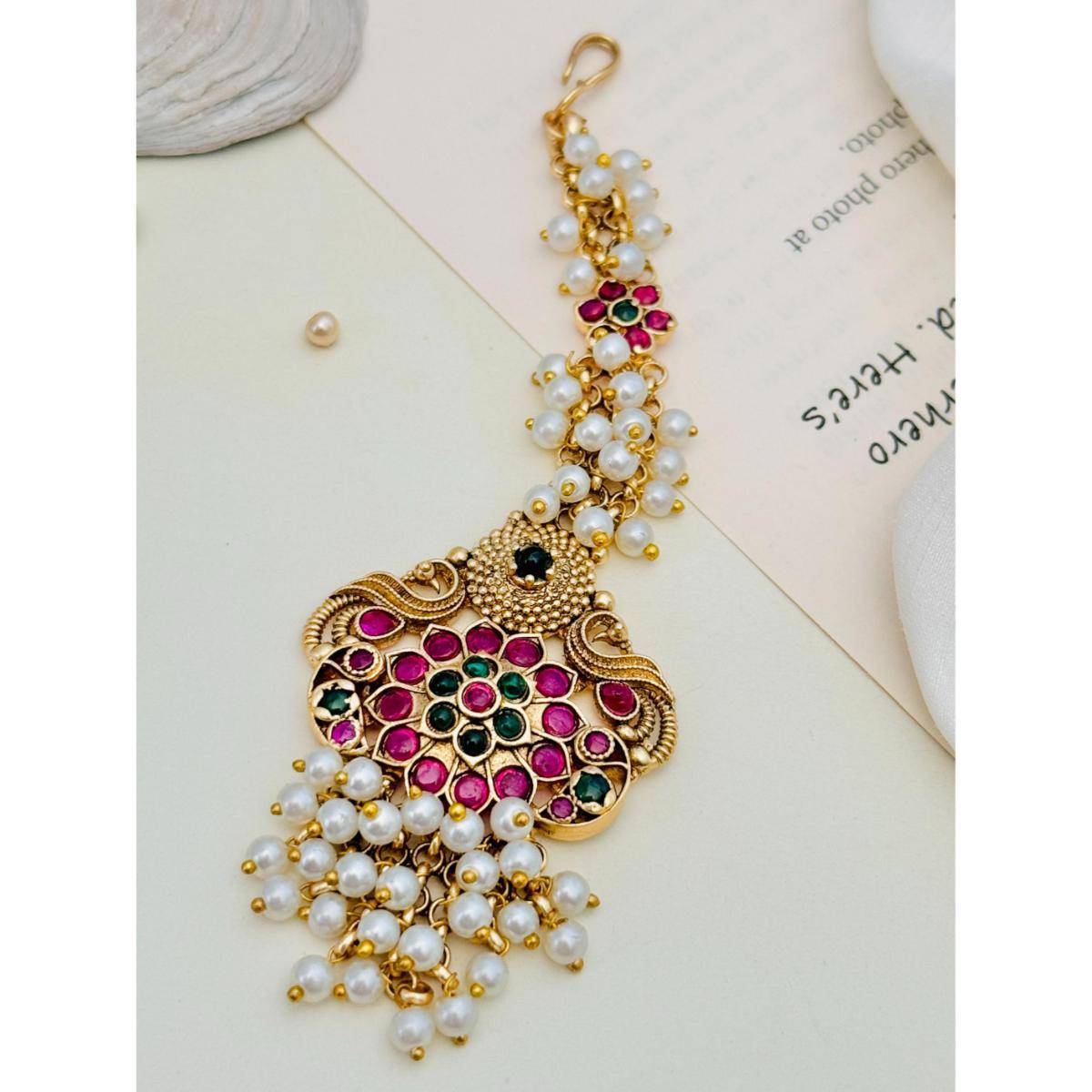 Abdesigns Gold-Plated Kemp Stones Studded and Beaded Temple Maang Tikka