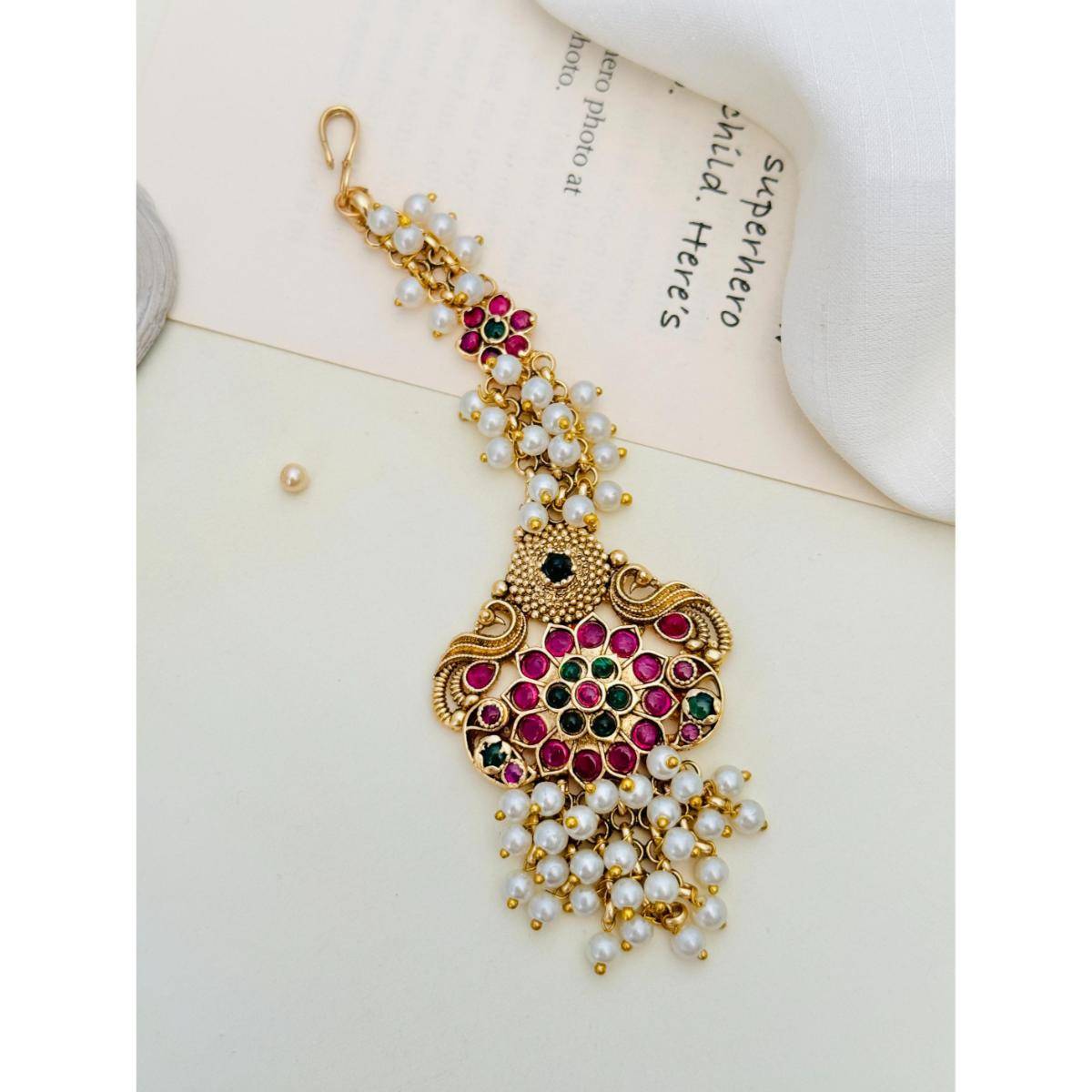 Abdesigns Gold-Plated Kemp Stones Studded and Beaded Temple Maang Tikka