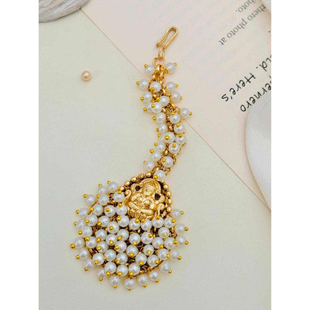 Abdesigns Gold-Plated Kemp Stones Studded and Beaded Temple Maang Tikka