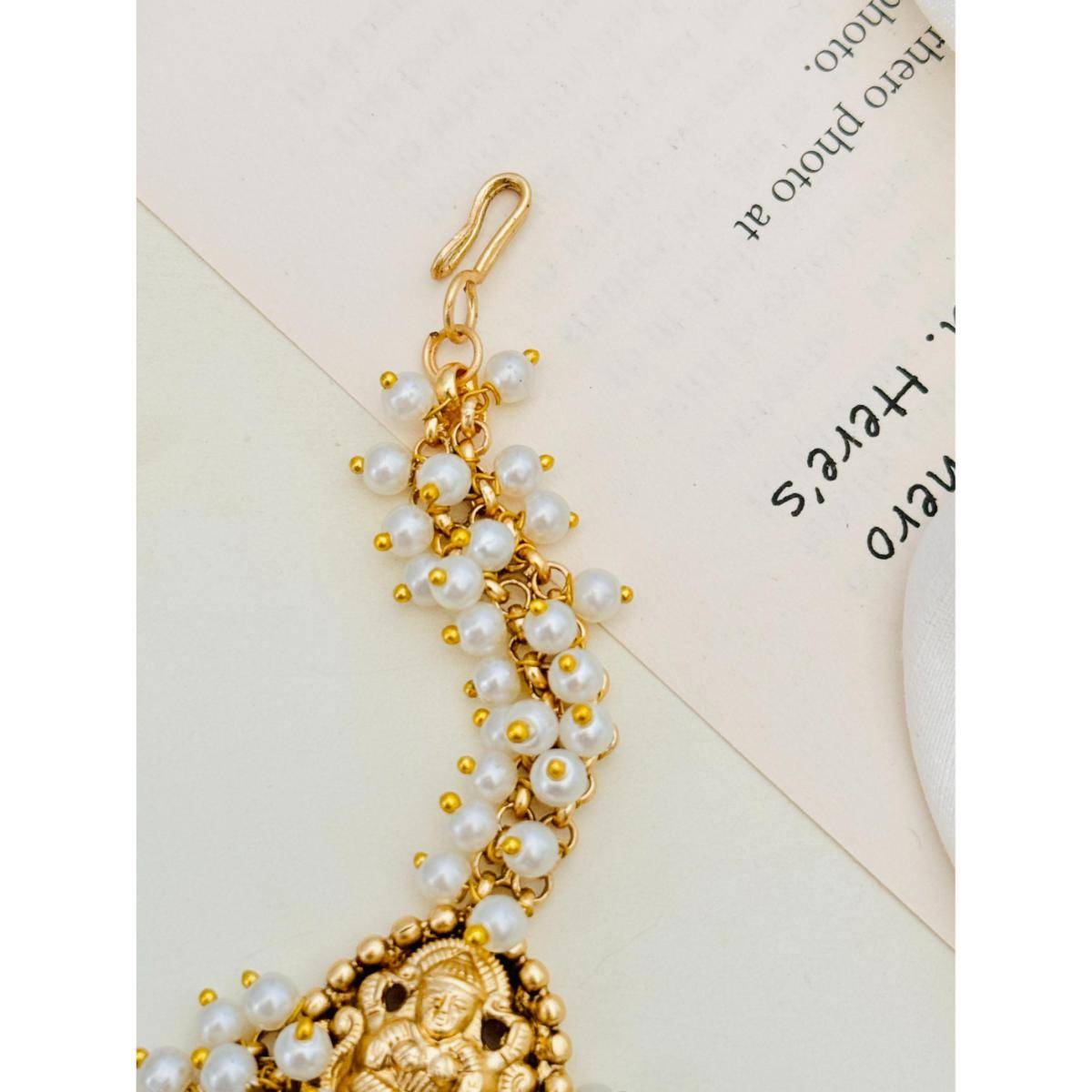Abdesigns Gold-Plated Kemp Stones Studded and Beaded Temple Maang Tikka
