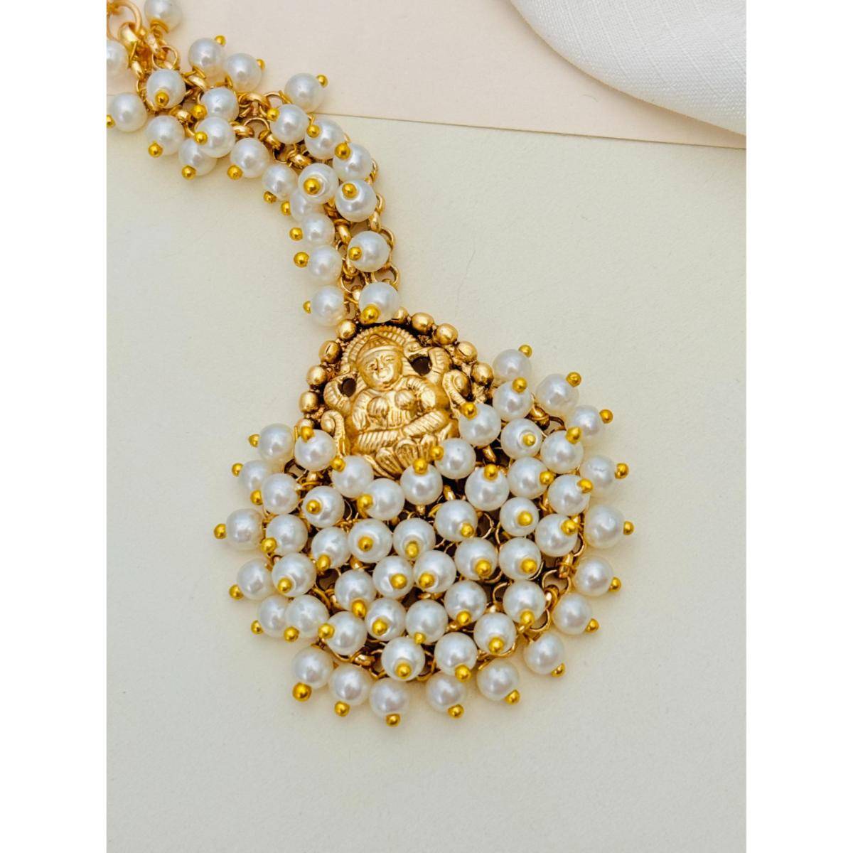 Abdesigns Gold-Plated Kemp Stones Studded and Beaded Temple Maang Tikka