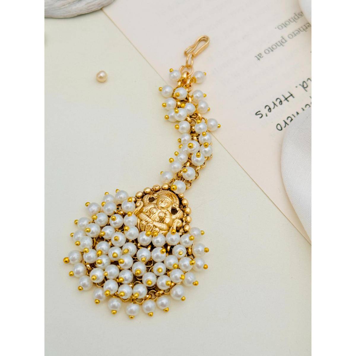 Abdesigns Gold-Plated Kemp Stones Studded and Beaded Temple Maang Tikka