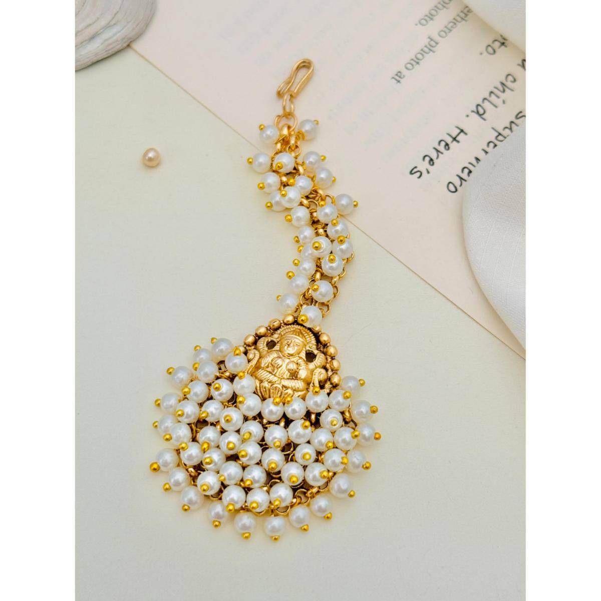Abdesigns Gold-Plated Kemp Stones Studded and Beaded Temple Maang Tikka