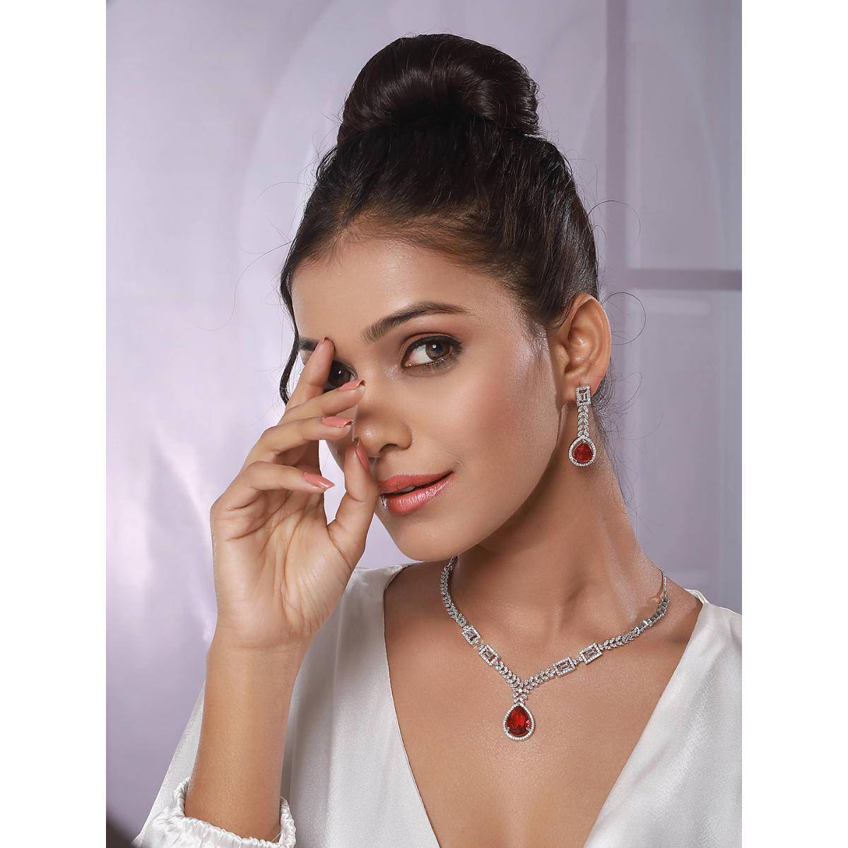 Aatmana Silver-Plated Red American Diamond-Studded Jewellery Set