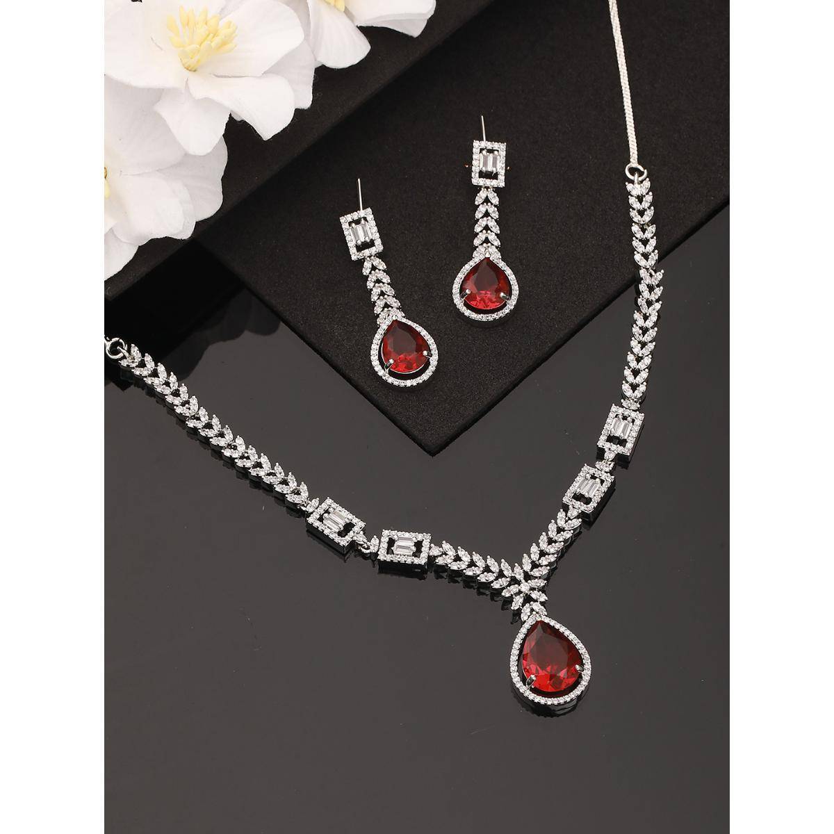 Aatmana Silver-Plated Red American Diamond-Studded Jewellery Set