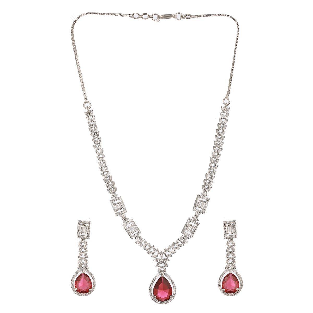 Aatmana Silver-Plated Red American Diamond-Studded Jewellery Set