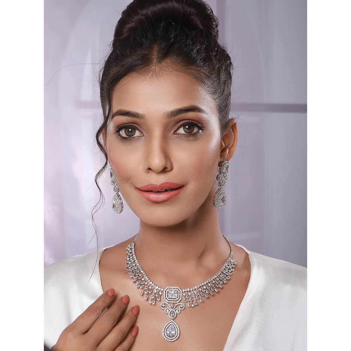 Aatmana Rhodium-Plated White American Diamonds-Studded Handcrafted Jewellery Set