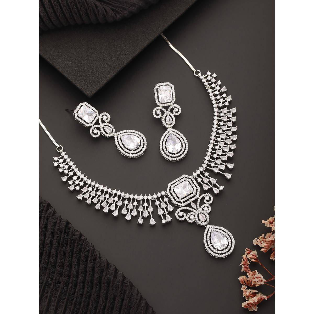 Aatmana Rhodium-Plated White American Diamonds-Studded Handcrafted Jewellery Set