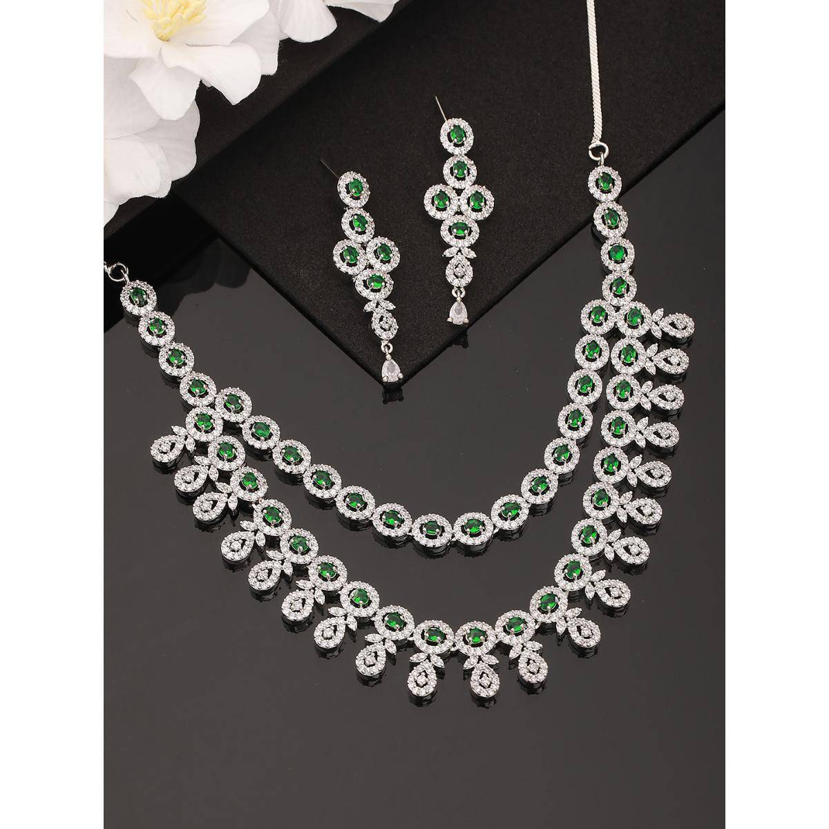 Aatmana Green and Silver-Plated American Diamonds-Studded Handcrafted Jewellery Set · One Size