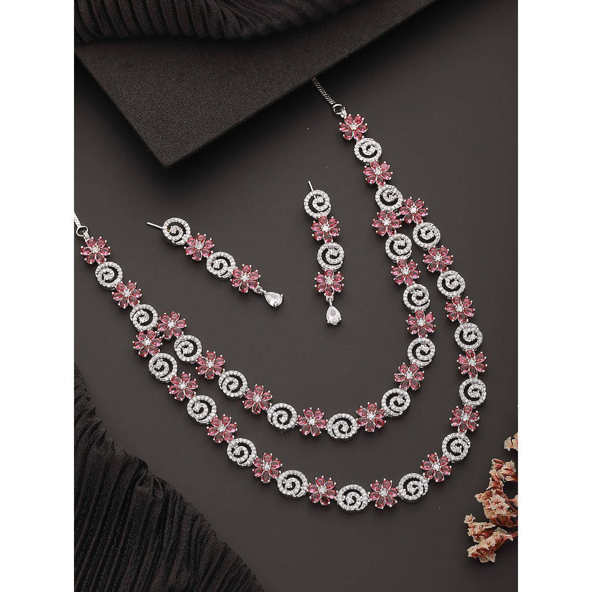 Aatmana Rhodium-Plated American Diamond Studded and Stone Beaded Layered Jewellery Set