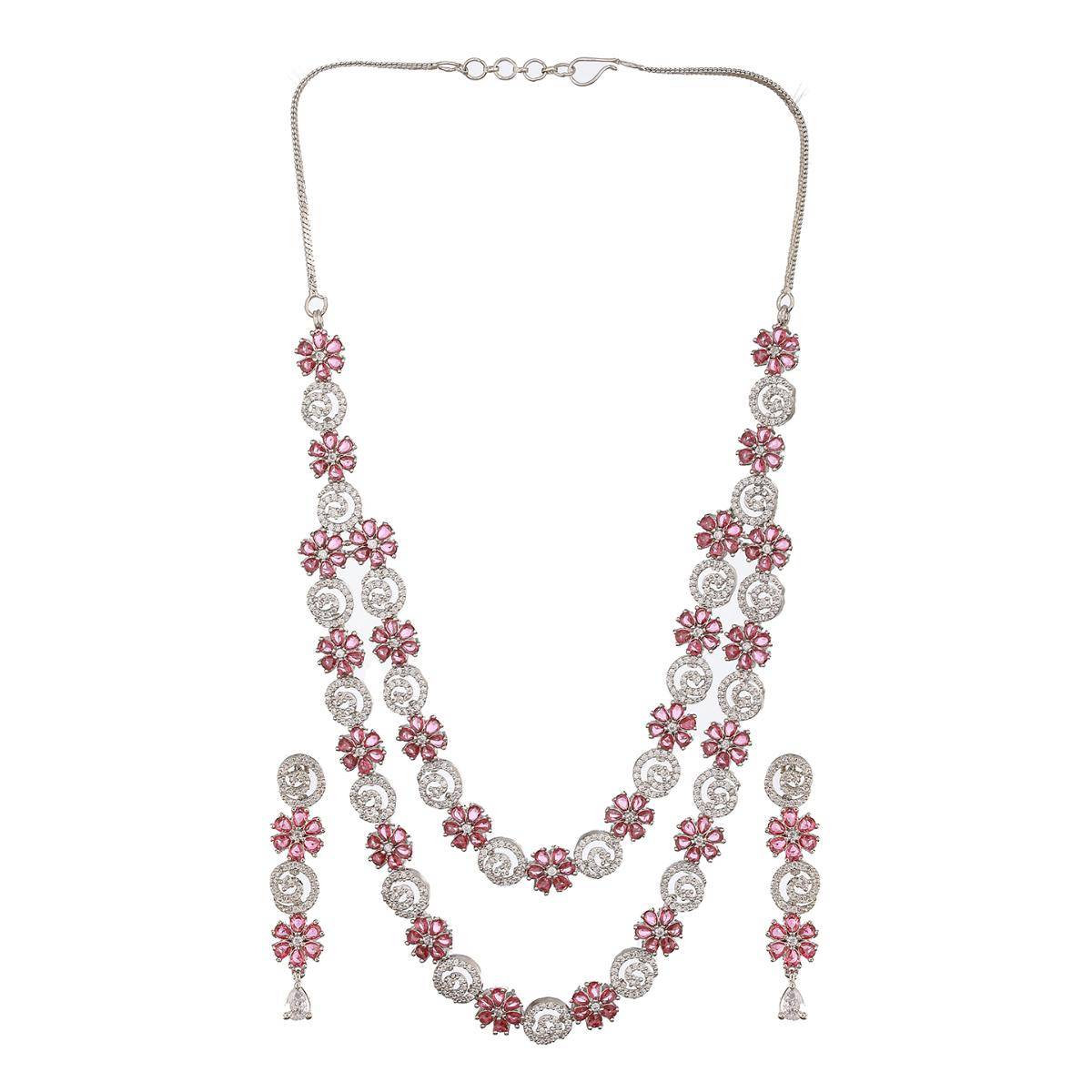 Aatmana Rhodium-Plated American Diamond Studded and Stone Beaded Layered Jewellery Set