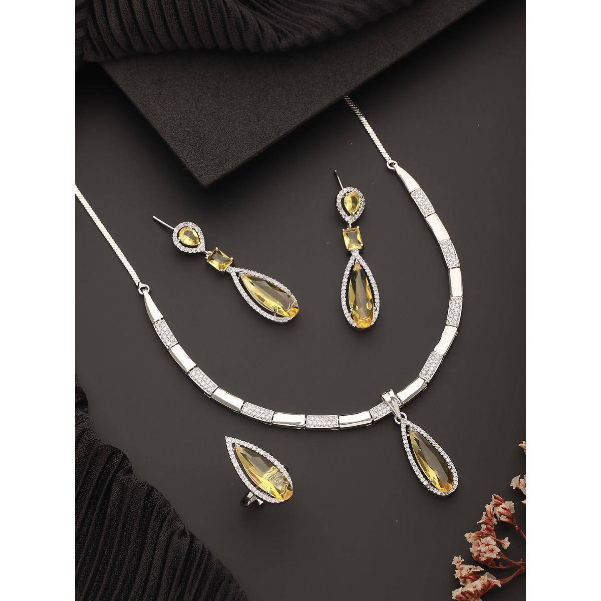 Aatmana Silver Rhodium White Zircon and Yellow American Diamond Necklace Jewellery Set