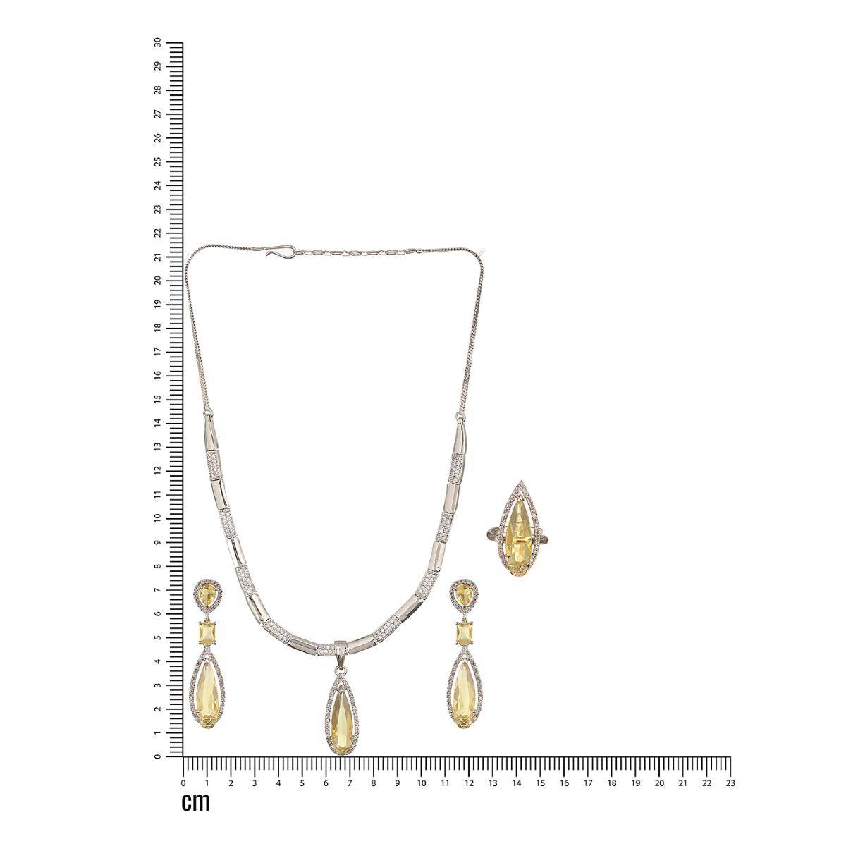 Aatmana Silver Rhodium White Zircon and Yellow American Diamond Necklace Jewellery Set