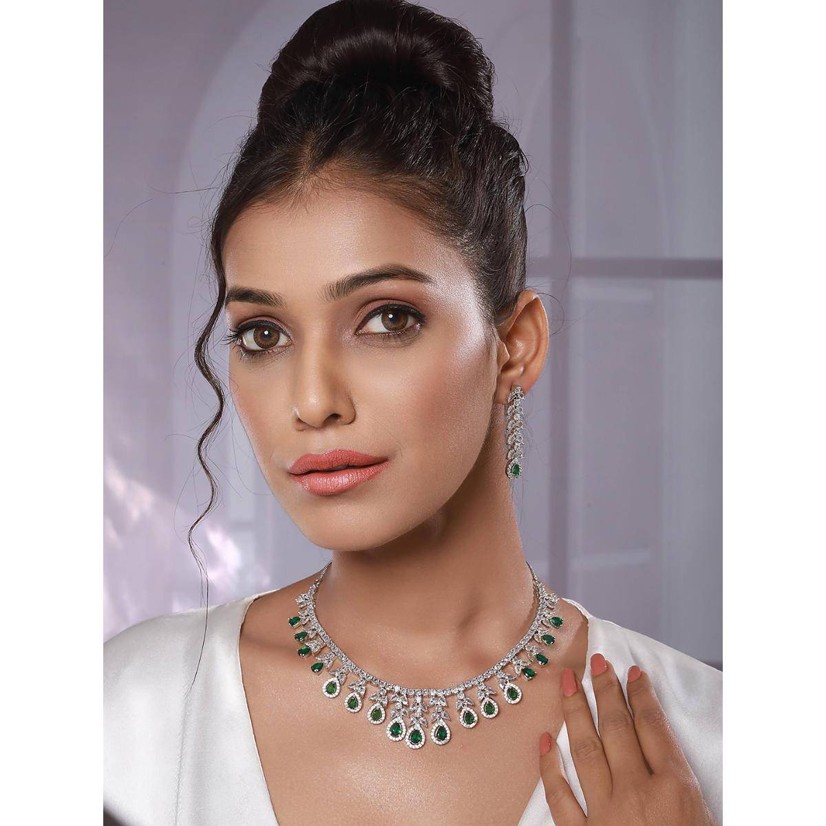 Aatmana Rhodium-Plated Green American Diamond Studded Handcrafted Jewellery Set