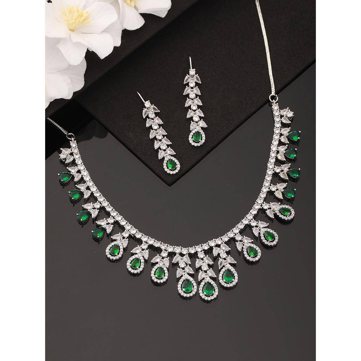 Aatmana Rhodium-Plated Green American Diamond Studded Handcrafted Jewellery Set