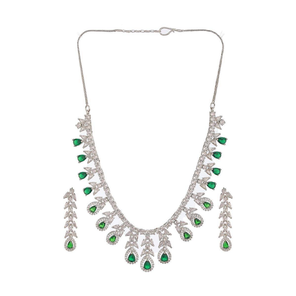 Aatmana Rhodium-Plated Green American Diamond Studded Handcrafted Jewellery Set