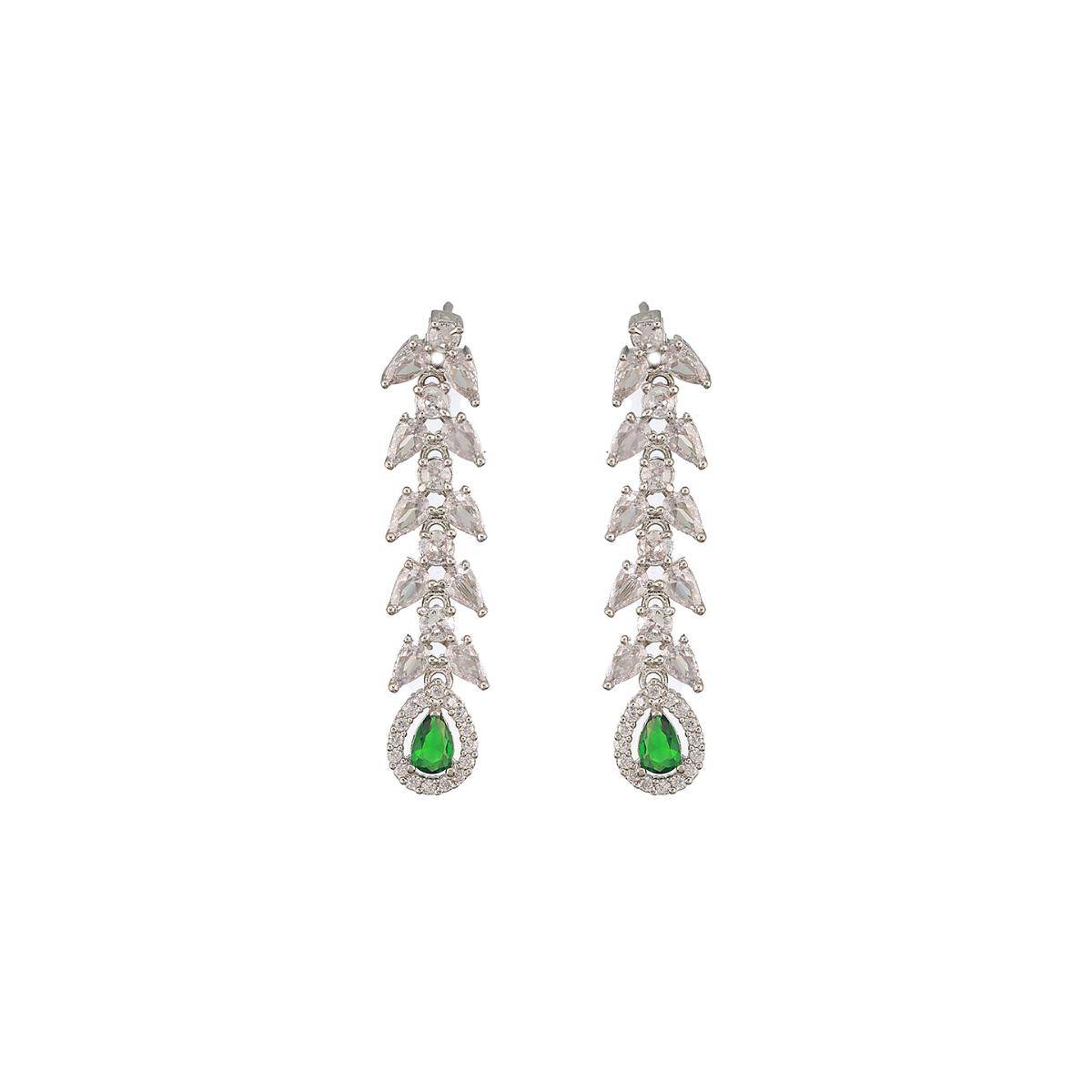 Aatmana Rhodium-Plated Green American Diamond Studded Handcrafted Jewellery Set