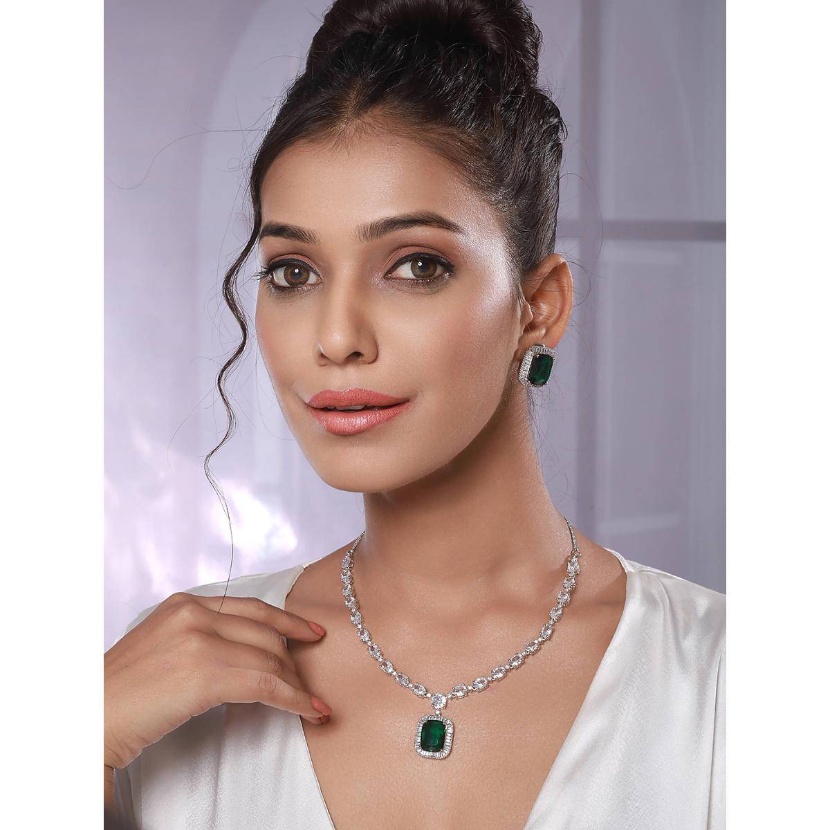 Aatmana Silver-Plated Green American Diamond-Studded Necklace and Earrings