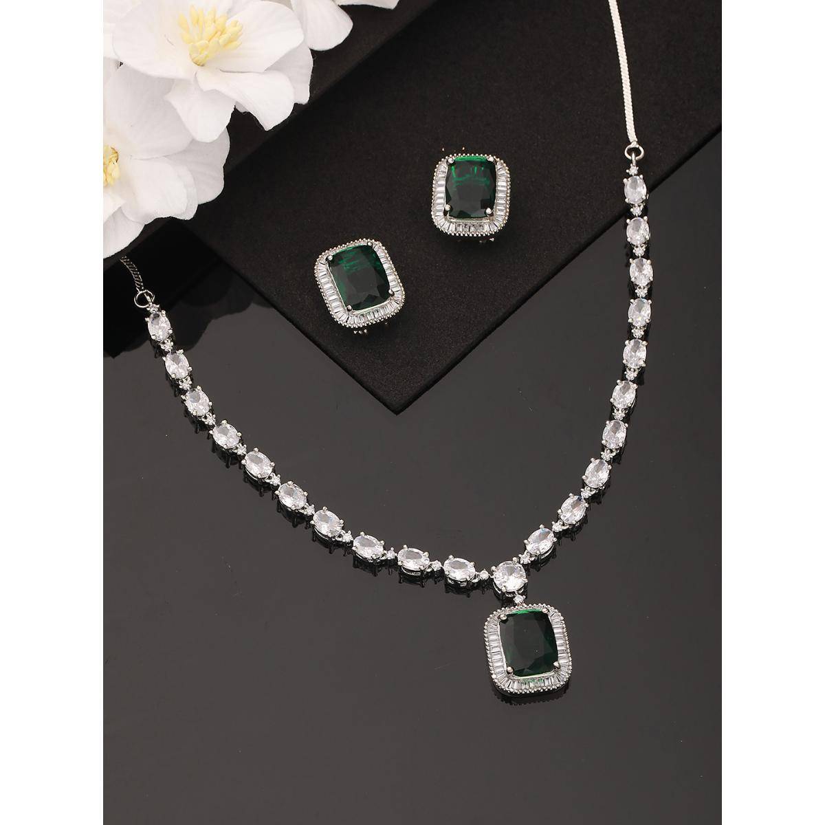 Aatmana Silver-Plated Green American Diamond-Studded Necklace and Earrings · One Size