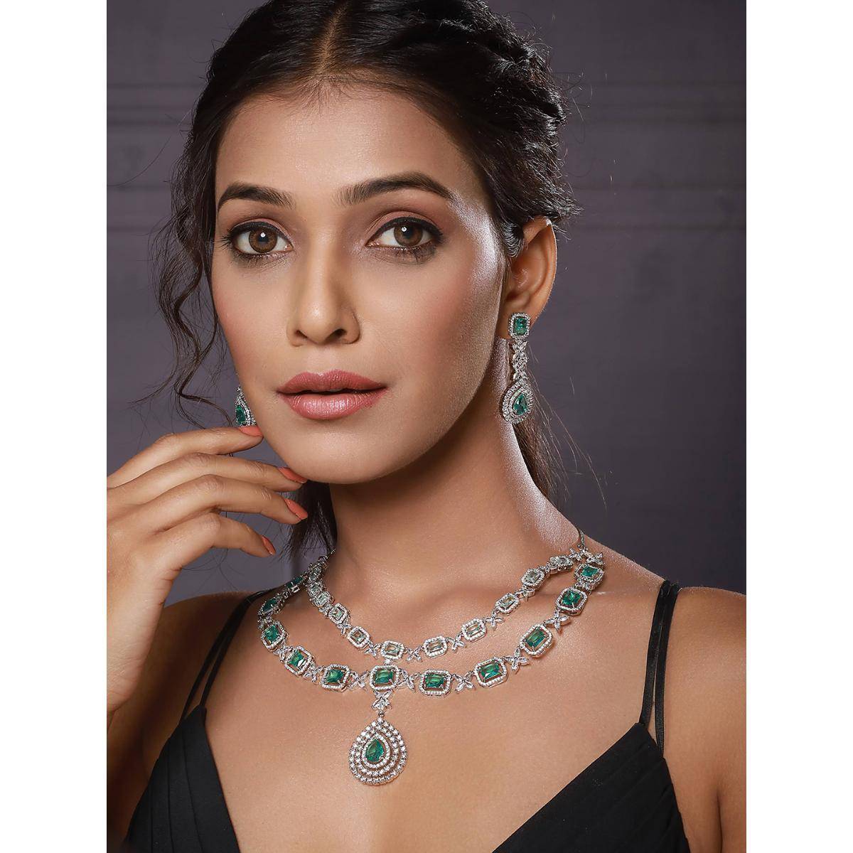 Aatmana Silver-Plated American Diamond-Studded Layered Jewellery Set