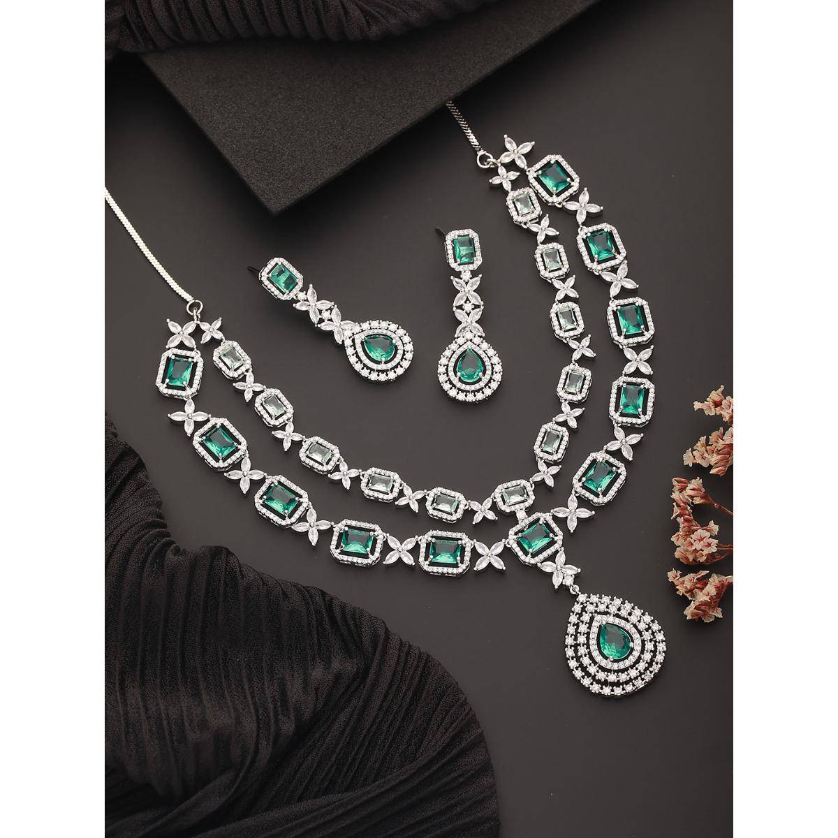 Aatmana Silver-Plated American Diamond-Studded Layered Jewellery Set