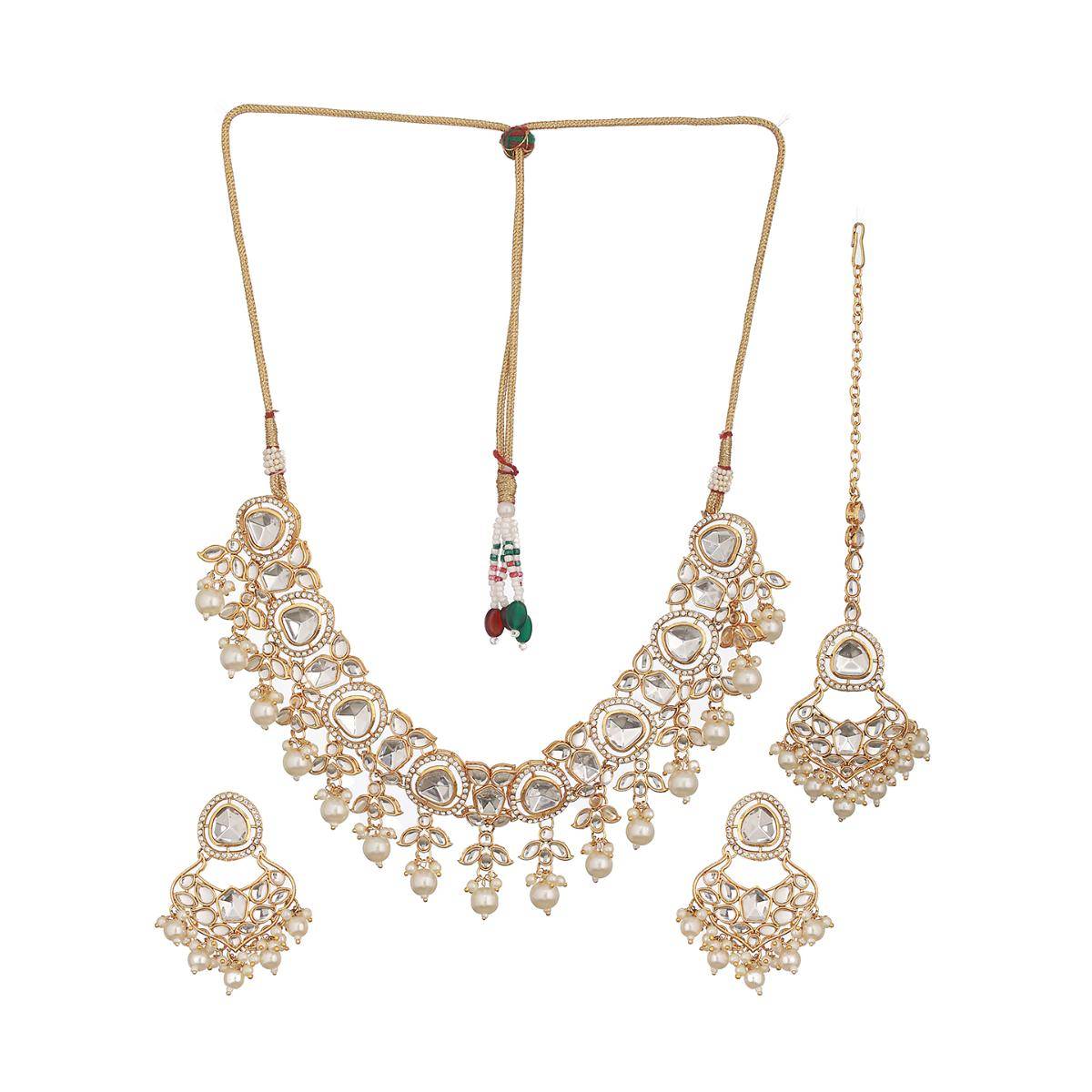 Aatmana Gold-Plated Kundan Studded Beaded Necklace with Earrings and Maang Tikka