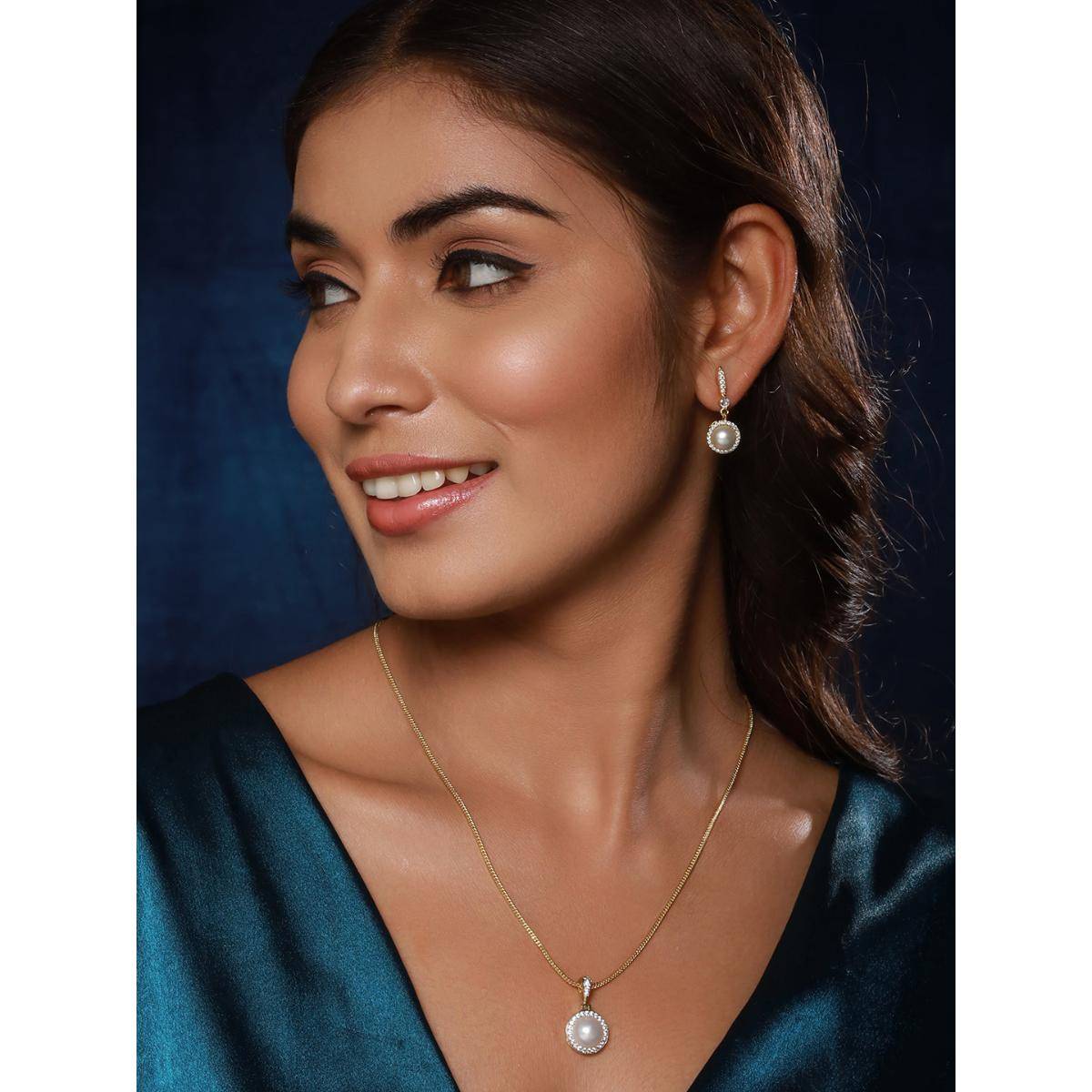 Aatmana Gold-Plated Pearl and American Diamond Chain Pendent with Two Pair Of Earrings Set