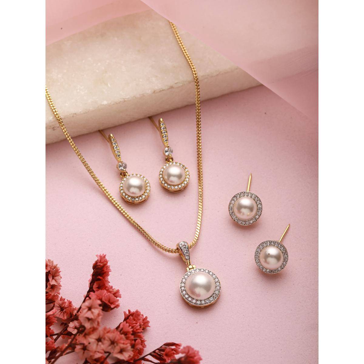 Aatmana Gold-Plated Pearl and American Diamond Chain Pendent with Two Pair Of Earrings Set
