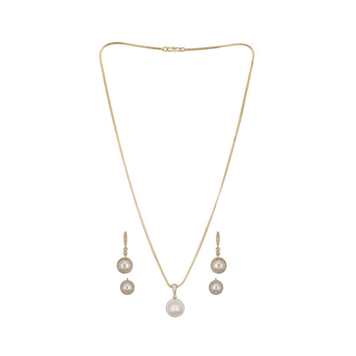 Aatmana Gold-Plated Pearl and American Diamond Chain Pendent with Two Pair Of Earrings Set