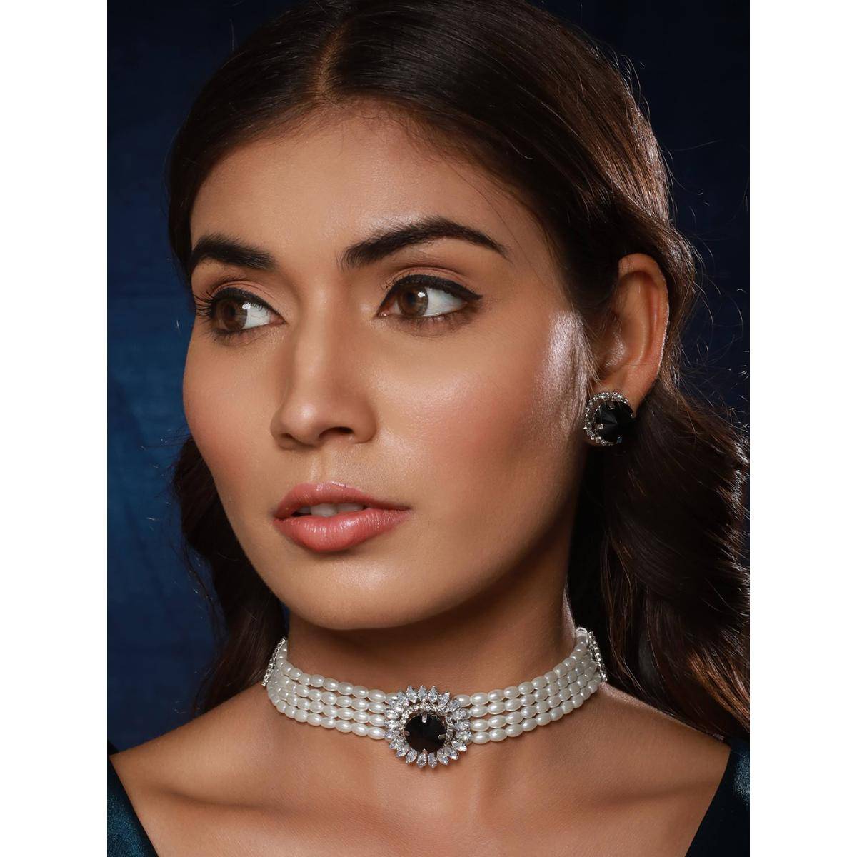 Aatmana Gold-Plated Stone Studded and Faux Pearl Beaded Choker Necklace Jewellery Set
