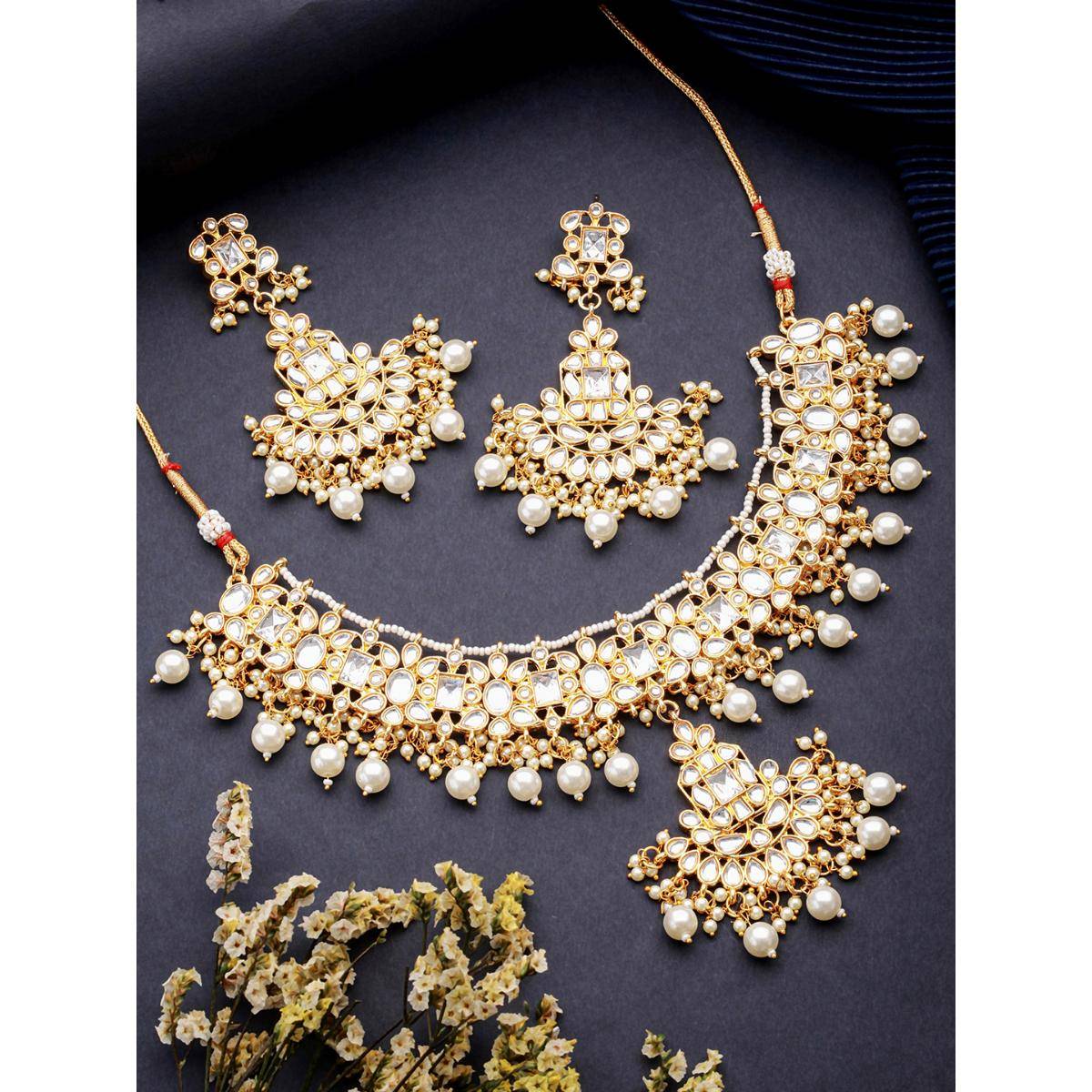 Aatmana Gold Plated Kundan Studded and Pearl Beaded Choker Jewellery Set with Maang Tikka