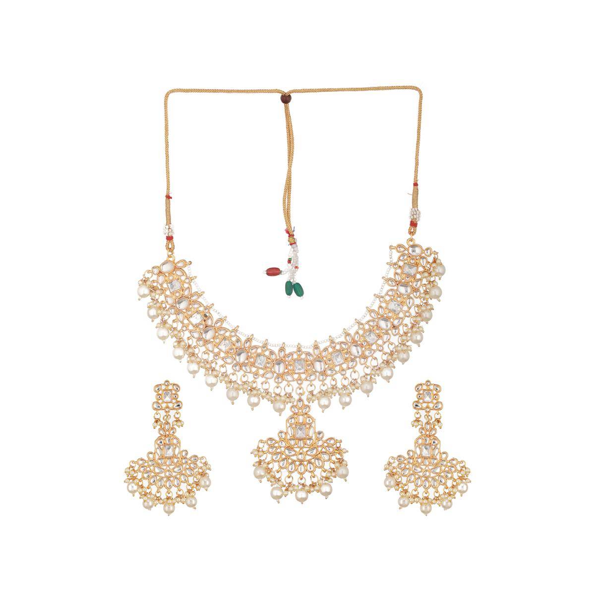 Aatmana Gold Plated Kundan Studded and Pearl Beaded Choker Jewellery Set with Maang Tikka