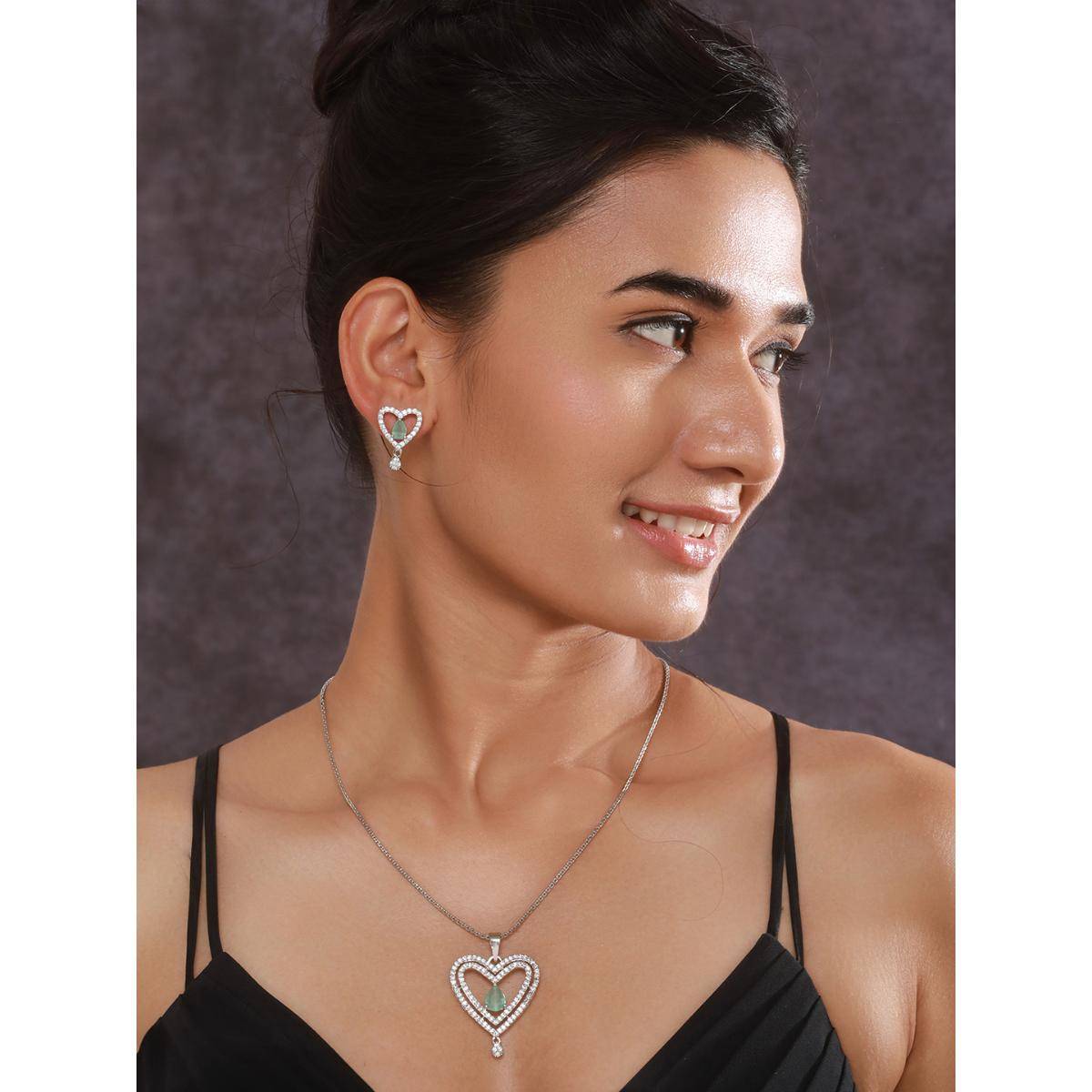 Aatmana Rhodium-Plated Green American Diamond-Studded Pendant with Earrings and Chain · One Size