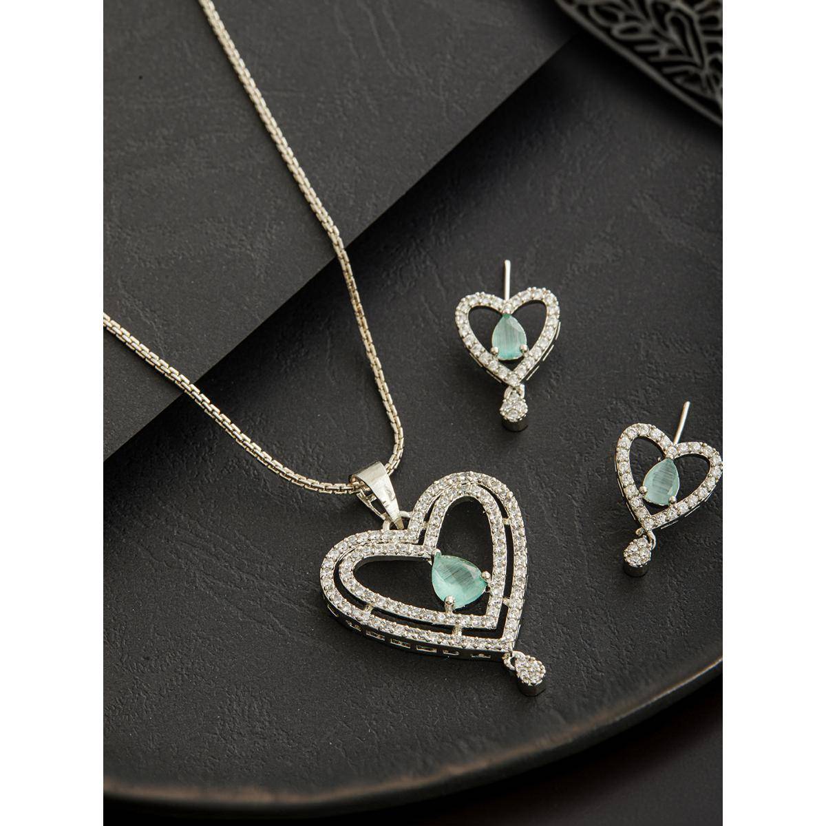 Aatmana Rhodium-Plated Green American Diamond-Studded Pendant with Earrings and Chain
