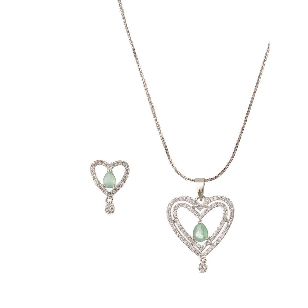 Aatmana Rhodium-Plated Green American Diamond-Studded Pendant with Earrings and Chain