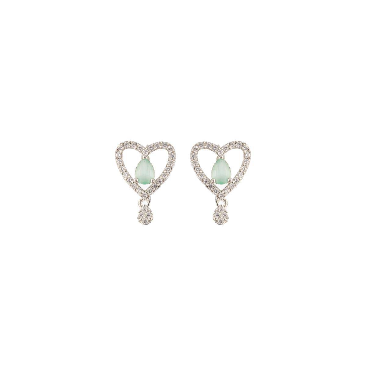 Aatmana Rhodium-Plated Green American Diamond-Studded Pendant with Earrings and Chain