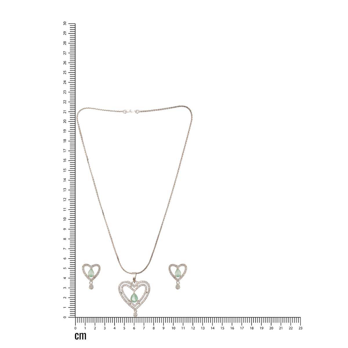 Aatmana Rhodium-Plated Green American Diamond-Studded Pendant with Earrings and Chain