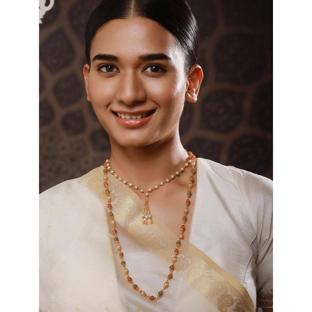 Aatmana Pack Of 2 Brass Gold-Plated and Pearl Beaded Necklace