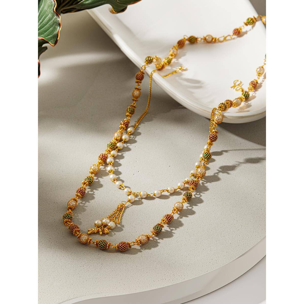 Aatmana Pack Of 2 Brass Gold-Plated and Pearl Beaded Necklace